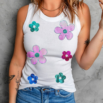 Sequin Flower Round Neck Tank