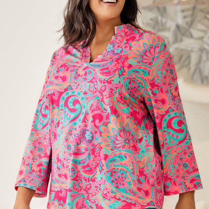 Plus Size Printed Notched Long Sleeve Blouse