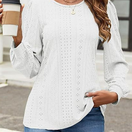 Eyelet Round Neck Long Sleeve Top