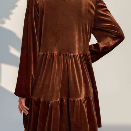 Perfee Tiered Ruched Mock Neck Long Sleeve Dress