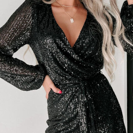 Sequin Surplice Long Sleeve Romper