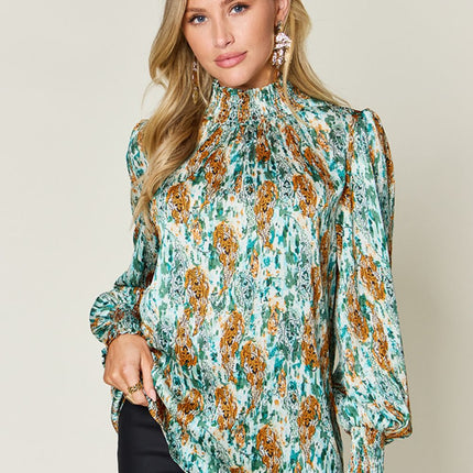 Double Take Full Size Printed Smocked Long Sleeve Blouse