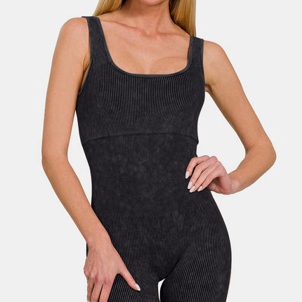 Zenana Washed Ribbed Romper with Pad