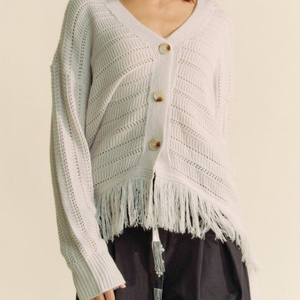 Davi & Dani Fringe V-Neck Button Up Long Sleeve Cardigan