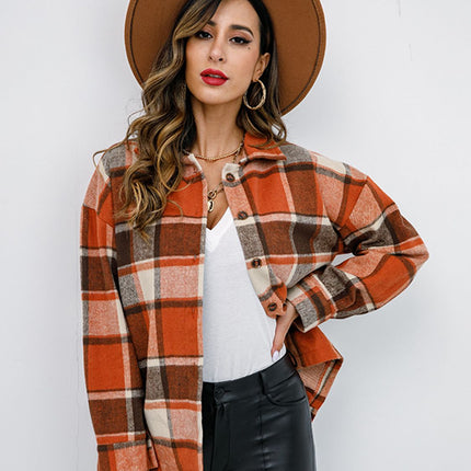 Shiny Plaid Button Up Collared Neck Jacket