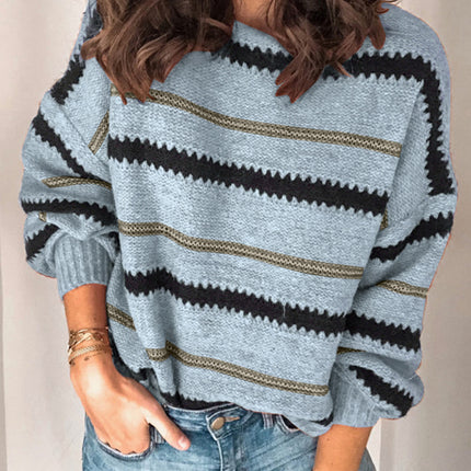 Contrast Striped Round Neck Long Sleeve Sweater