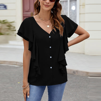 Ruffled V-Neck Short Sleeve Top