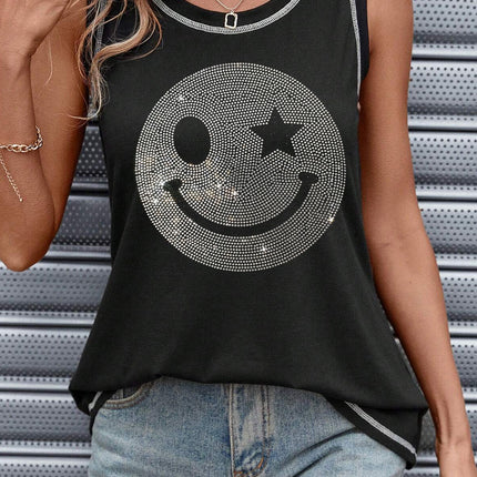 Rhinestone Smile Face Round Neck Tank