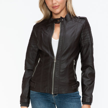 Snobbish PU Leather Biker Jacket with Side Zip Pockets