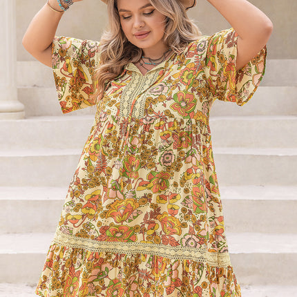 Plus Size Printed Tie Neck Short Sleeve Mini Dress