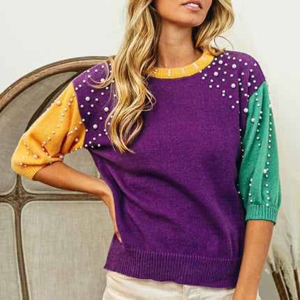 BiBi Color Block Pearl Detail Round Neck Sweater