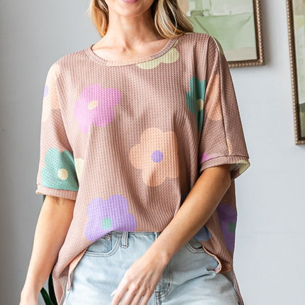 HOPELY Full Size Floral Round Neck Side Slit Waffle T-Shirt