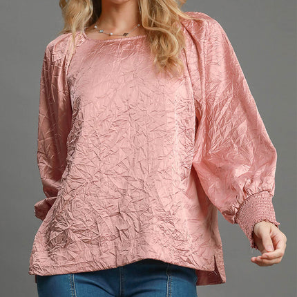 Umgee Wrinkled Round Neck Lantern Sleeve Blouse