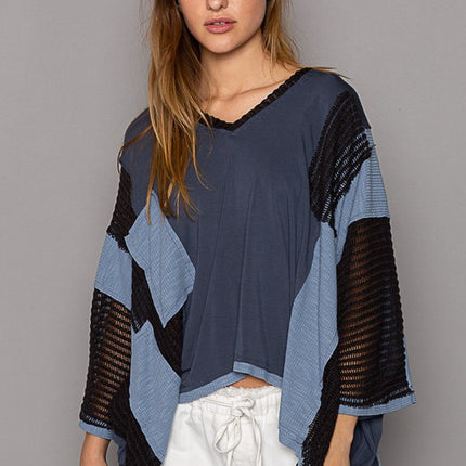 POL High-Low Contrast V-Neck Top