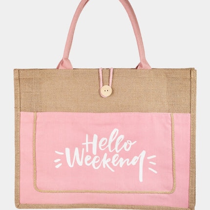 Fame Hello Weekend Burlap Tote Bag