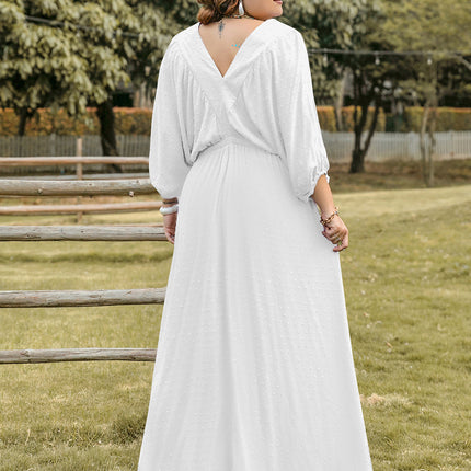 Plus Size Swiss Dot V-Neck Three-Quarter Sleeve Dress