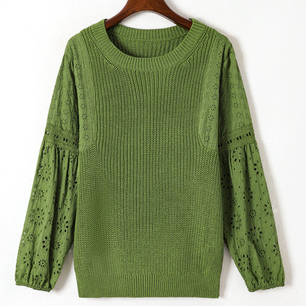 Eyelet Round Neck Drop Shoulder Sweater