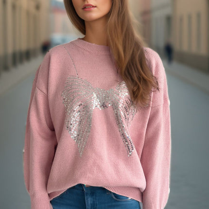 Sequin Bow Round Neck Long Sleeve Sweater