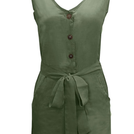 Full Size Tied V-Neck Sleeveless Romper with Pockets