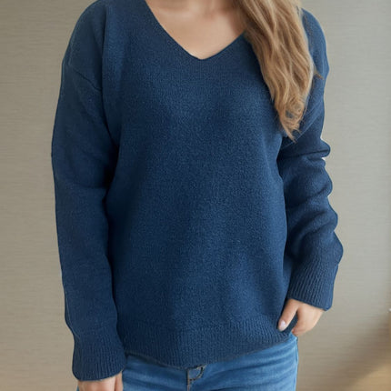 V-Neck Dropped Shoulder Long Sleeve Sweater