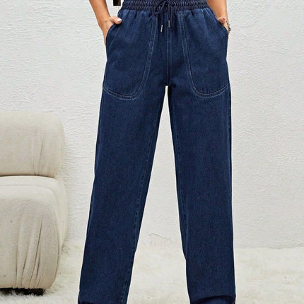 Drawstring Elastic Waist Jeans with Pockets