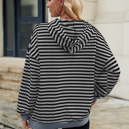 Drawstring Contrast Striped Long Sleeve Hoodie