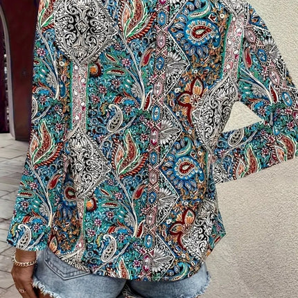 Printed V-Neck Long Sleeve Blouse