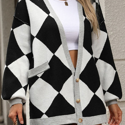 Checkered Dropped Shoulder Long Sleeve Cardigan