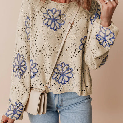 Openwork Round Neck Long Sleeve Knit Top