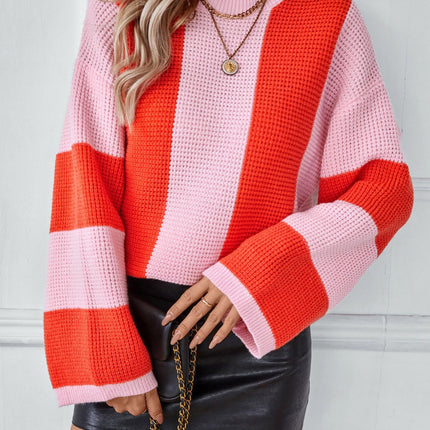 Color Block Round Neck Long Sleeve Sweater