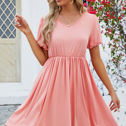 V-Neck Balloon Short Sleeve Dress