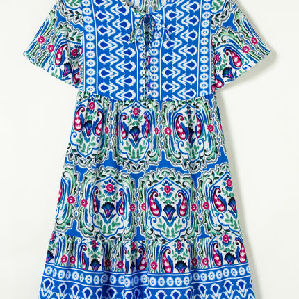 Printed Tie Neck Short Sleeve Dress