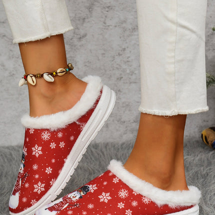 Snowman Print Flat Slippers with Faux Fur