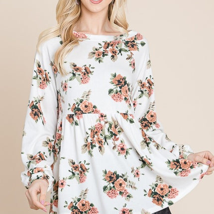 Super Lady Full Size Babydoll Floral Boat Neck Long Sleeve Blouse