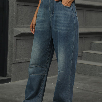 Half Elastic Waist Straight Leg Jeans