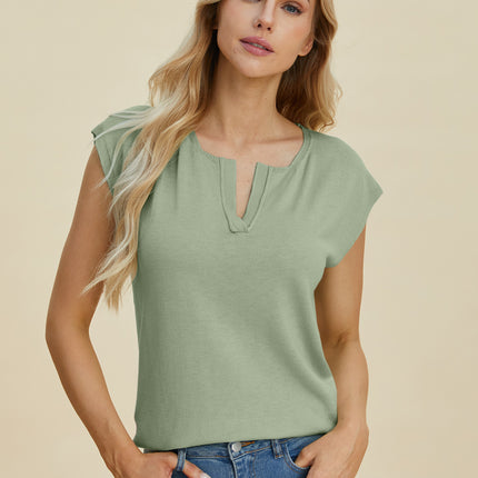 Double Take Full Size Notched Cap Sleeve Knit Top