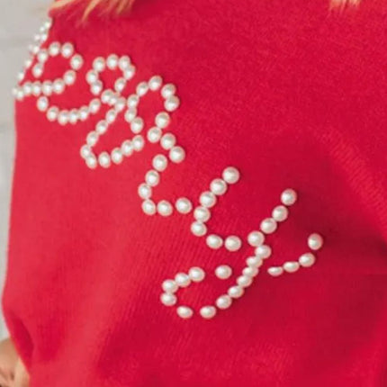 Letter Pearl Detail Round Neck Long Sleeve Sweater