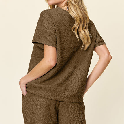 Double Take Full Size Texture Short Sleeve T-Shirt and Drawstring Shorts Set - Vickie Lynn's
