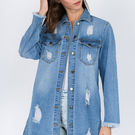 American Bazi Distressed Frayed Hem Denim Jacket