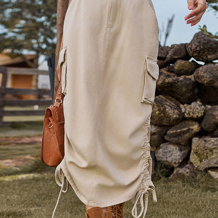 Drawstring Denim Skirt with Pockets