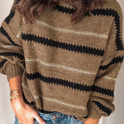 Contrast Striped Round Neck Long Sleeve Sweater