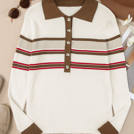 Half Button Contrast Stripe Long Sleeve Knit Top