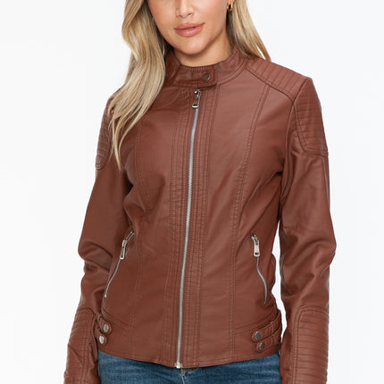 Snobbish Faux Leather Biker Jacket with Side Zip Pockets