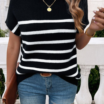 Striped Mock Neck Short Sleeve Sweater