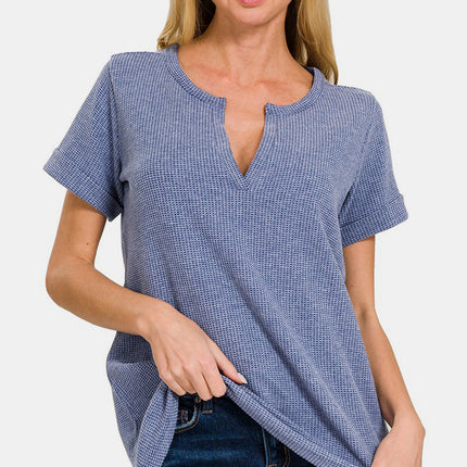 Zenana Notched Short Sleeve Waffle T-Shirt