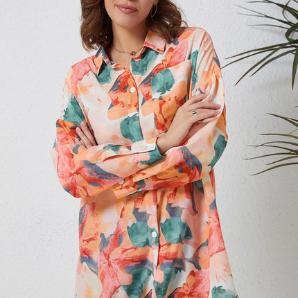 Double Take Floral Long Sleeve Slit Longline Shirt