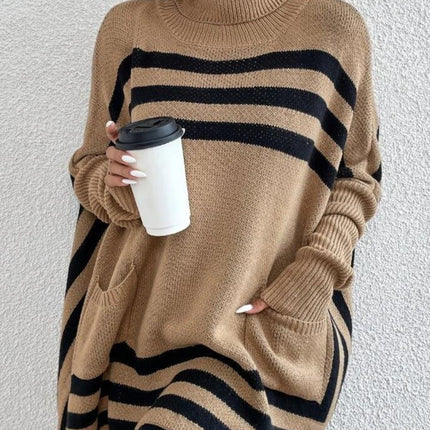 Striped Turtleneck Batwing Sleeve Sweater with Pockets