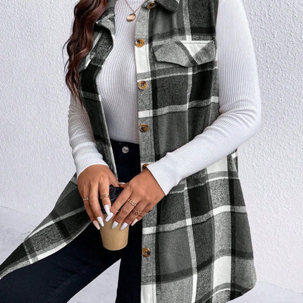 Honey Plus Size Pocketed Plaid Button Up Vest Coat - Vickie Lynn's