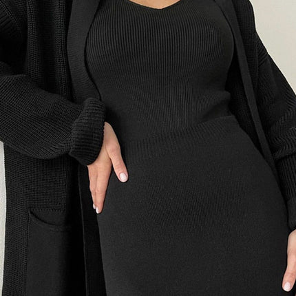 Pocketed Long Sleeve Cardigan and Skirt Sweater Set