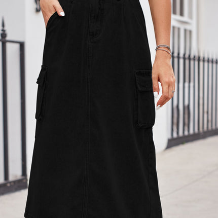 Slit Buttoned Denim Skirt with Pockets